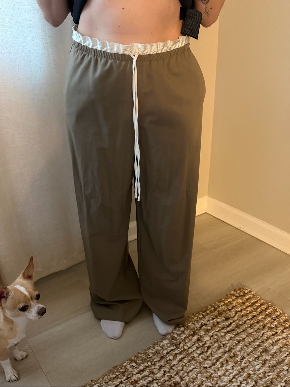 Zara Olive Drawstring Wide-Leg Chinos with White Waistband